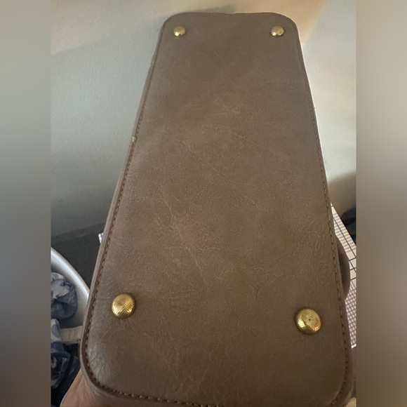 Elegant Taupe Vegan Leather Dome Satchel with Crossbody Strap & Gold Hardware - Picture 3 of 10